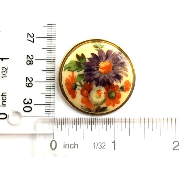 Vintage Floral Enamel Brooch Pin With Gold-Tone Backing & Purple-Orange Daisy De - Picture 3 of 4